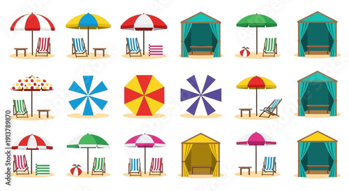 Vector illustration set of colorful beach umbrellas, striped sunshades, and cabanas with lounge chairs, isolated on a white background, perfect for summer vacation designs.