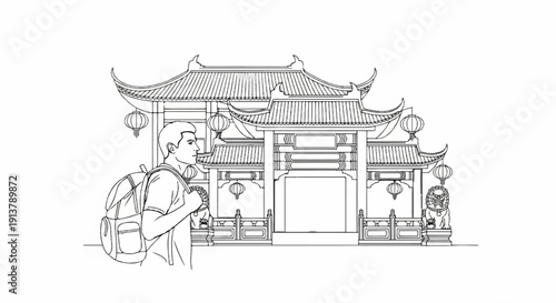 Man with backpack admires traditional gateway with guardian lions and lanterns