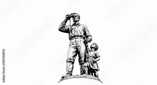 Man with binoculars and child looking up at a statue on a pedestal