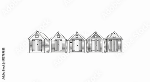 Row of five identically designed wooden beach huts in a line