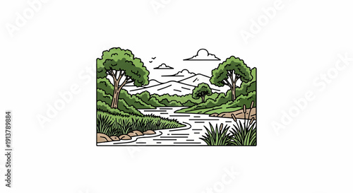 Serene river flowing through lush greenery with mountains in background