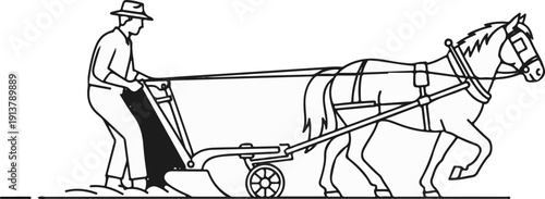 Man with hat plows field with horse-drawn cultivator