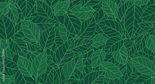 Vector illustration featuring a seamless pattern of dark green leaves with lighter green outlines, creating a dense botanical background texture.