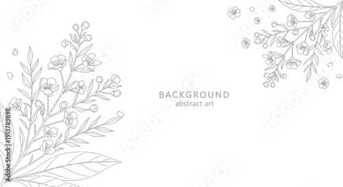 Delicate hand-drawn vector outline of small wildflowers and leaves forming corner botanical frames on a clean white background, ideal for wedding invitations or branding.