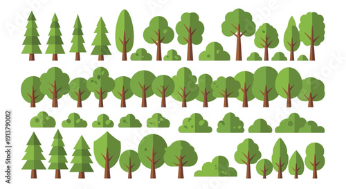 Flat vector illustration set of various green deciduous and coniferous trees with bushes, isolated on transparent background, perfect for game design or nature scene creation.