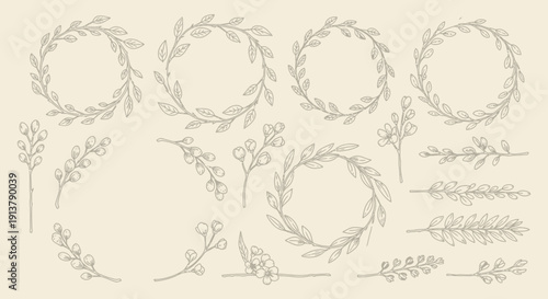 Hand-drawn vector botanical wreath and branch elements in a delicate line art style, featuring leaves and berries on an off-white background, ideal for rustic wedding invitations or branding.