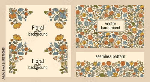 Hand-drawn vector floral background set with delicate orange and blue blossoms, green leaves, and a seamless botanical pattern on a cream backdrop.