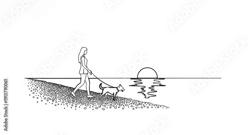 Person walks dog on pebble shore at sunset