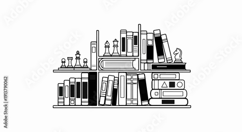 Outline of bookshelves filled with books and chess pieces