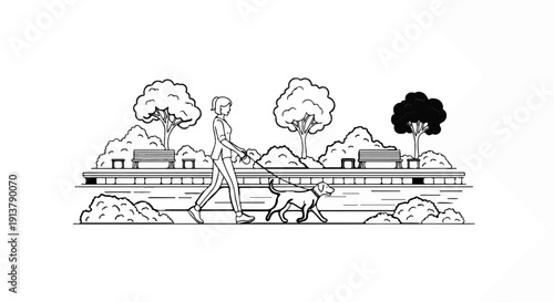 Person walking dog in park with trees and benches