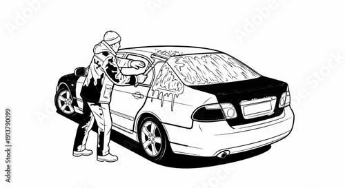 Person washing a car with a squeegee on a cloudy day