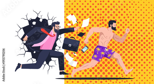 Vector illustration of a bearded businessman breaking through a cracked wall, transforming into a relaxed man in swim trunks running towards a vibrant yellow pop art background.