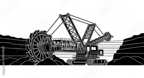 Heavy machinery excavator crane in industrial mining operation.