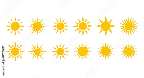 Set of twelve bright yellow sun vector icons with varying ray designs, isolated on a transparent background for weather apps or summer branding.