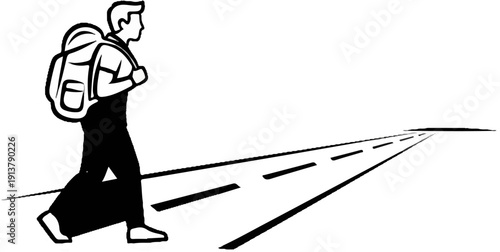 Person with backpack walks down a dashed line road towards horizon