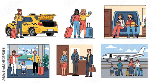 A collection of six flat vector illustrations depicting various travel scenarios, including taxi arrival, friends with luggage, carpooling, airport check-in, hotel reception