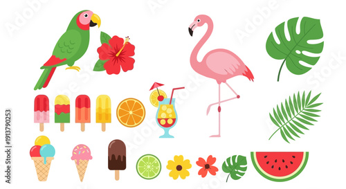 Vibrant vector illustration set featuring a green parrot, pink flamingo, tropical leaves, red hibiscus flowers, colorful popsicles, ice cream cones