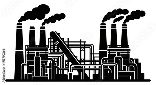 Industrial factory with smokestacks emitting pollution.