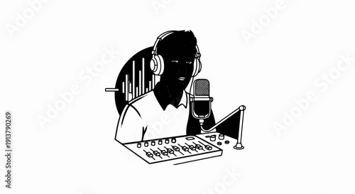 Person with headphones and microphone at a soundboard, graphic equalizer background