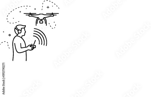 Person with headphones controls a drone with a remote, signal waves emanate