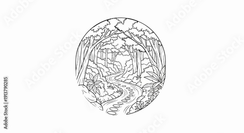 Oval frame encloses winding path through lush, vibrant forest