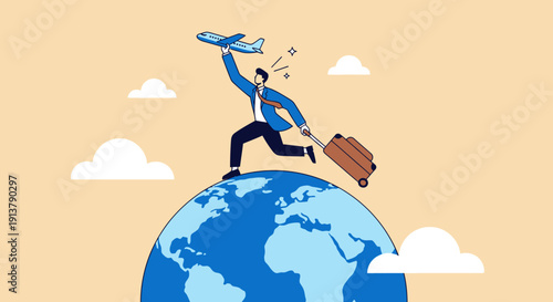 Vector illustration of a joyful businessman running across a blue globe, holding a small airplane and pulling a brown suitcase, symbolizing global travel and adventure.