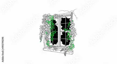 Overgrown ivy covers a broken window pane, nature reclaiming structure