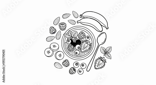 Overhead view of a black and white sketch of a fruit bowl with berries, almonds, bananas, and a spoon