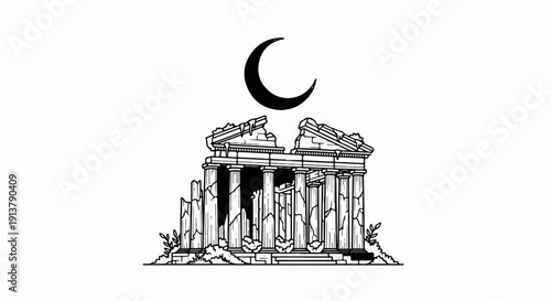 Ruined ancient temple with a crescent moon above