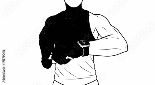 Muscular person in black top, white shirt, checks smartwatch with heart rate