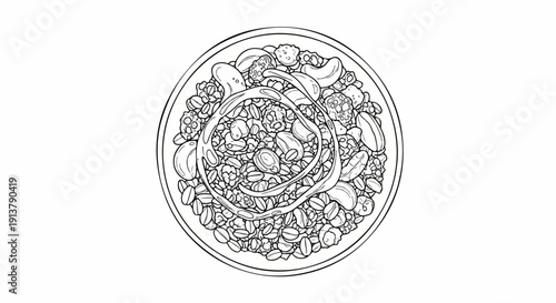 Overhead view of a bowl of granola with nuts, grains, and a swirl of liquid