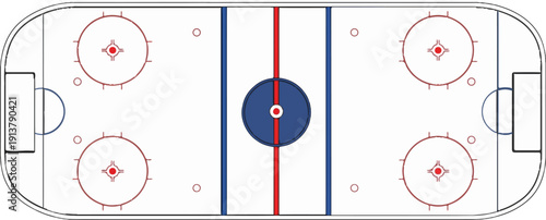 Overhead view of a clean ice hockey rink with center faceoff circle