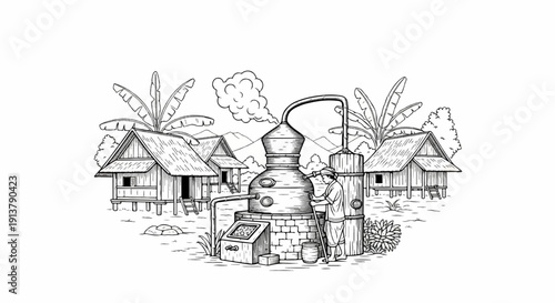 Rural distillation process with huts, a still, and a worker by banana trees
