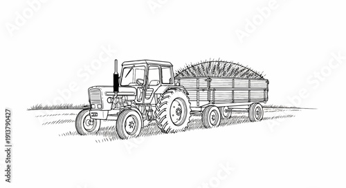 Rural harvest scene with tractor and loaded trailer in black and white illustration