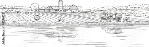 Rural farm landscape with barn, silo, tractor, and hay bales reflected in water