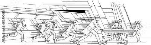 Medical professionals rush a patient on a gurney through a futuristic hallway