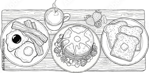 Overhead view of a hearty breakfast spread with pancakes, eggs, bacon, toast, and coffee