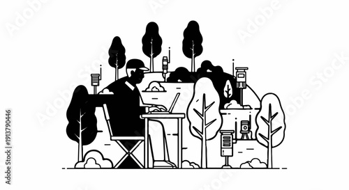 Person working on laptop outdoors amidst weather monitoring equipment