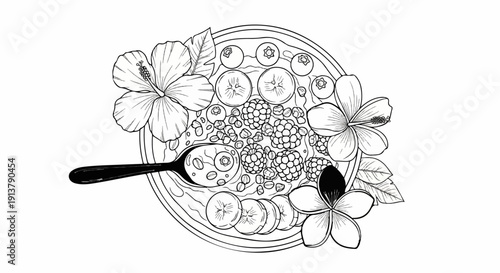 Overhead view of a smoothie bowl with berries, bananas, and tropical flowers