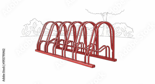 Red metal bike rack for multiple bicycles in a park setting