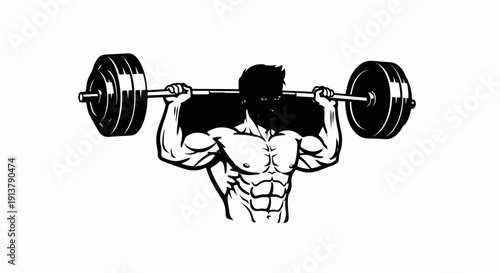 Muscular person lifting heavy barbell overhead in black and white