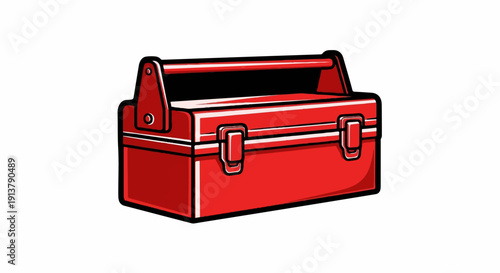 Red metal toolbox with a handle and latches, isolated on white