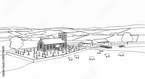 Rural scene with church, graveyard, farm buildings, and sheep on rolling hills