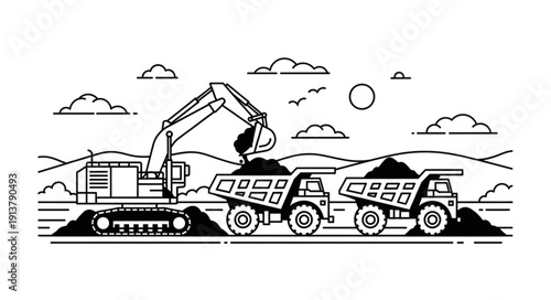 Heavy Machinery Excavator and Dump Truck Working Together.