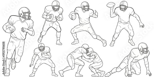 Set of line drawings depicting American football players in various action poses