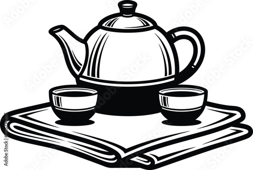 Classic ceramic teapot serving set with two small cups resting on folded cloth napkin black and white vector illustration.