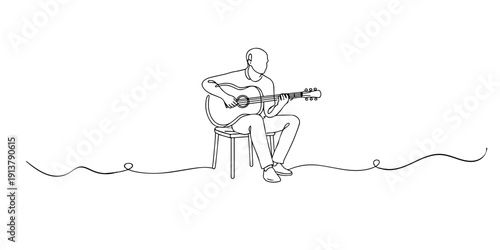 Line art illustration of a man playing acoustic guitar. Hand drawn continuous line representing music, creativity, and relaxed performance.