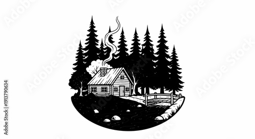 Rustic log cabin nestled among tall pine trees with a smoking chimney