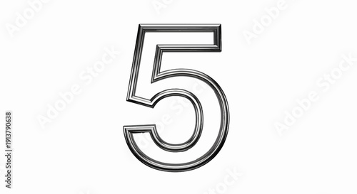 Metallic number 5 with a chrome-like texture on a white background