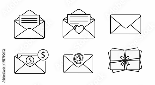 Set of six simple outline icons depicting various envelopes and correspondence